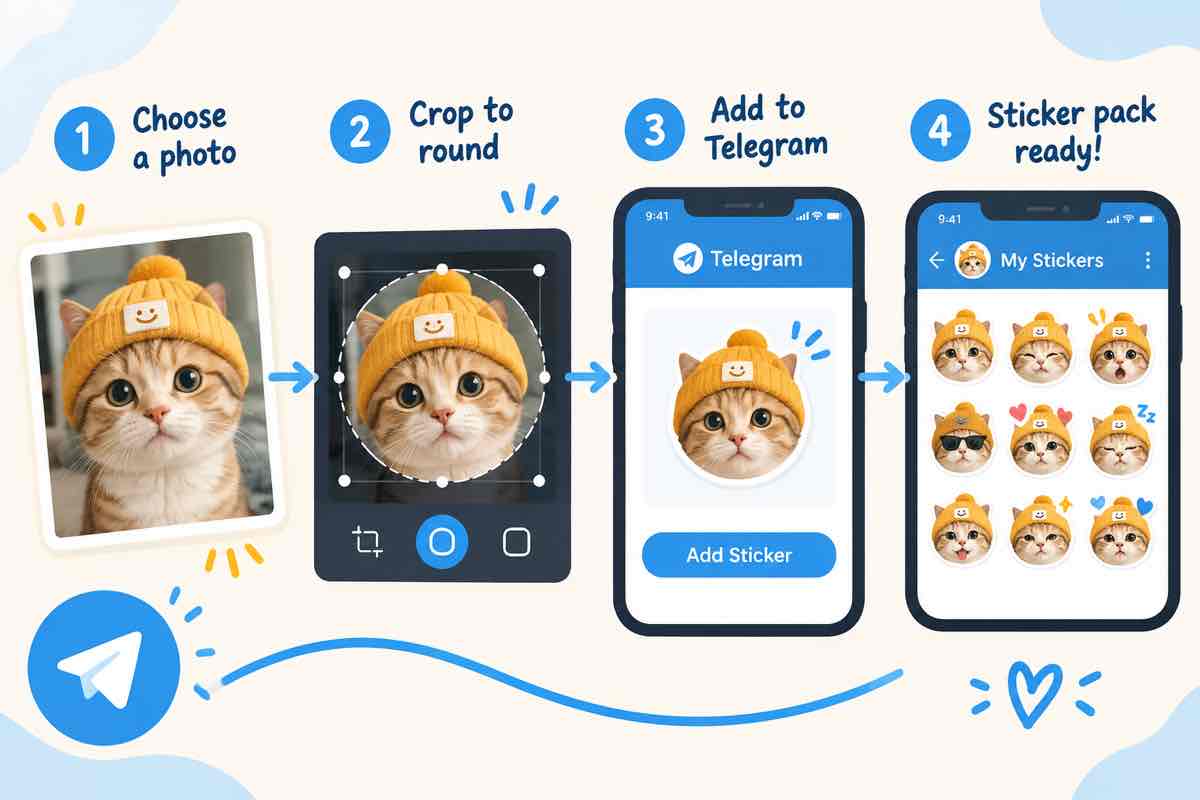 A phone screen showing a photo becoming a round sticker in a pack